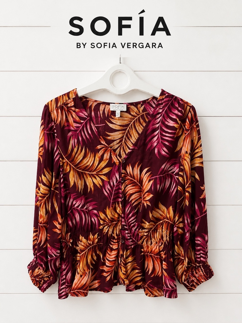 SOFIA JEANS Burgundy Tropical Print Blouse Size L